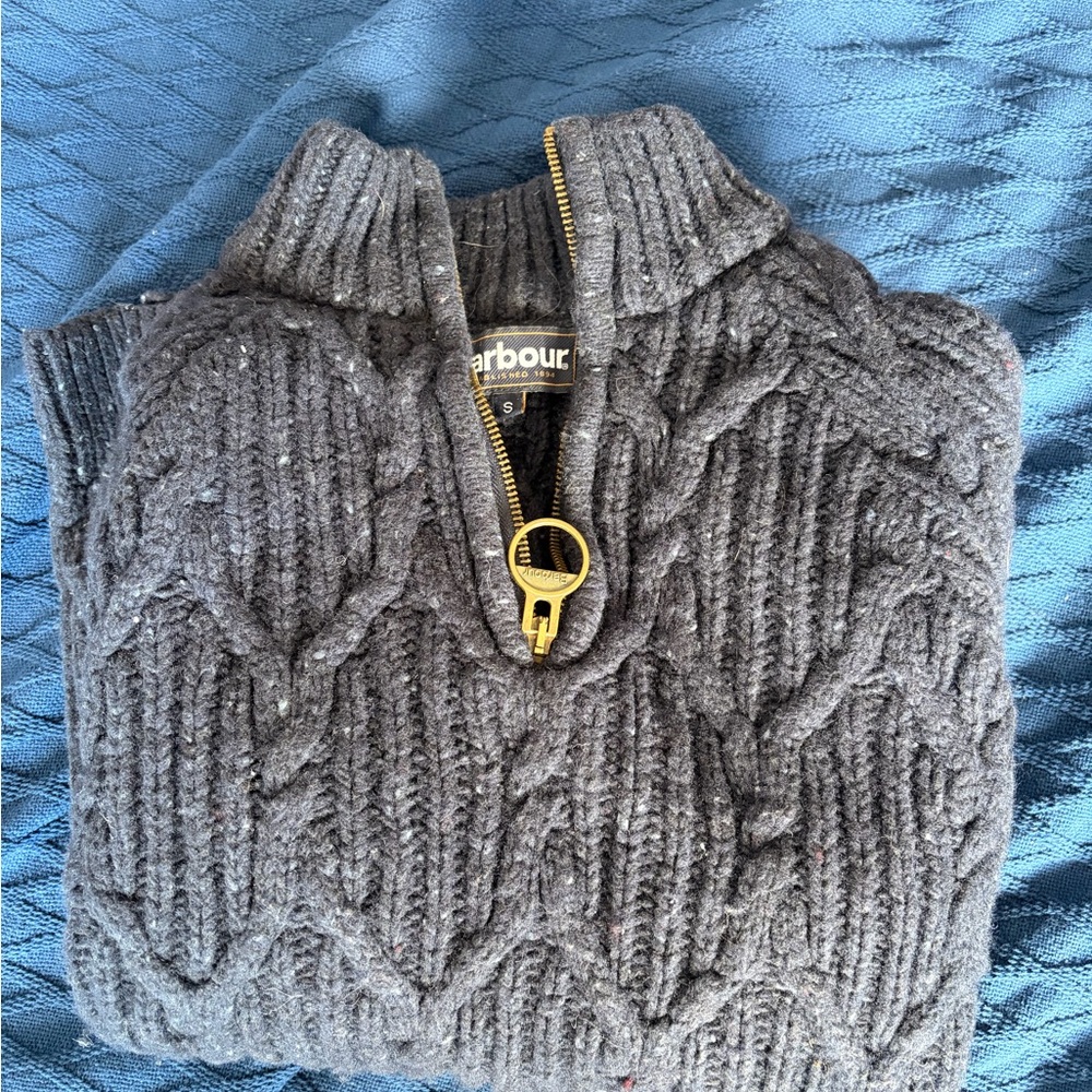 Barbour Navy Cable Knit Half-Zip Sweater with Gold Zipper